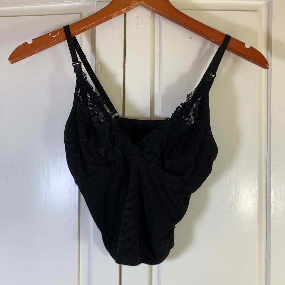 SHEIN Black Ribbed Nursing‎ Camisole Lace Trim Maternity Tank Top Medium